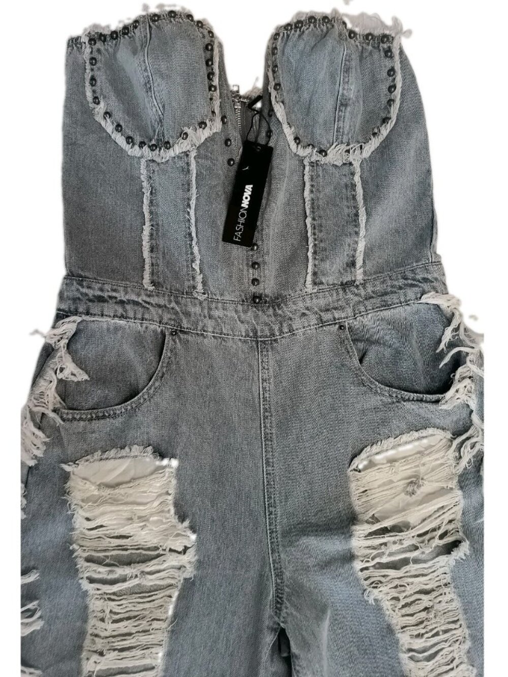 Fashion Nova Distressed Grey Denim Jumpsuit with Stud Details - Picture 4 of 16